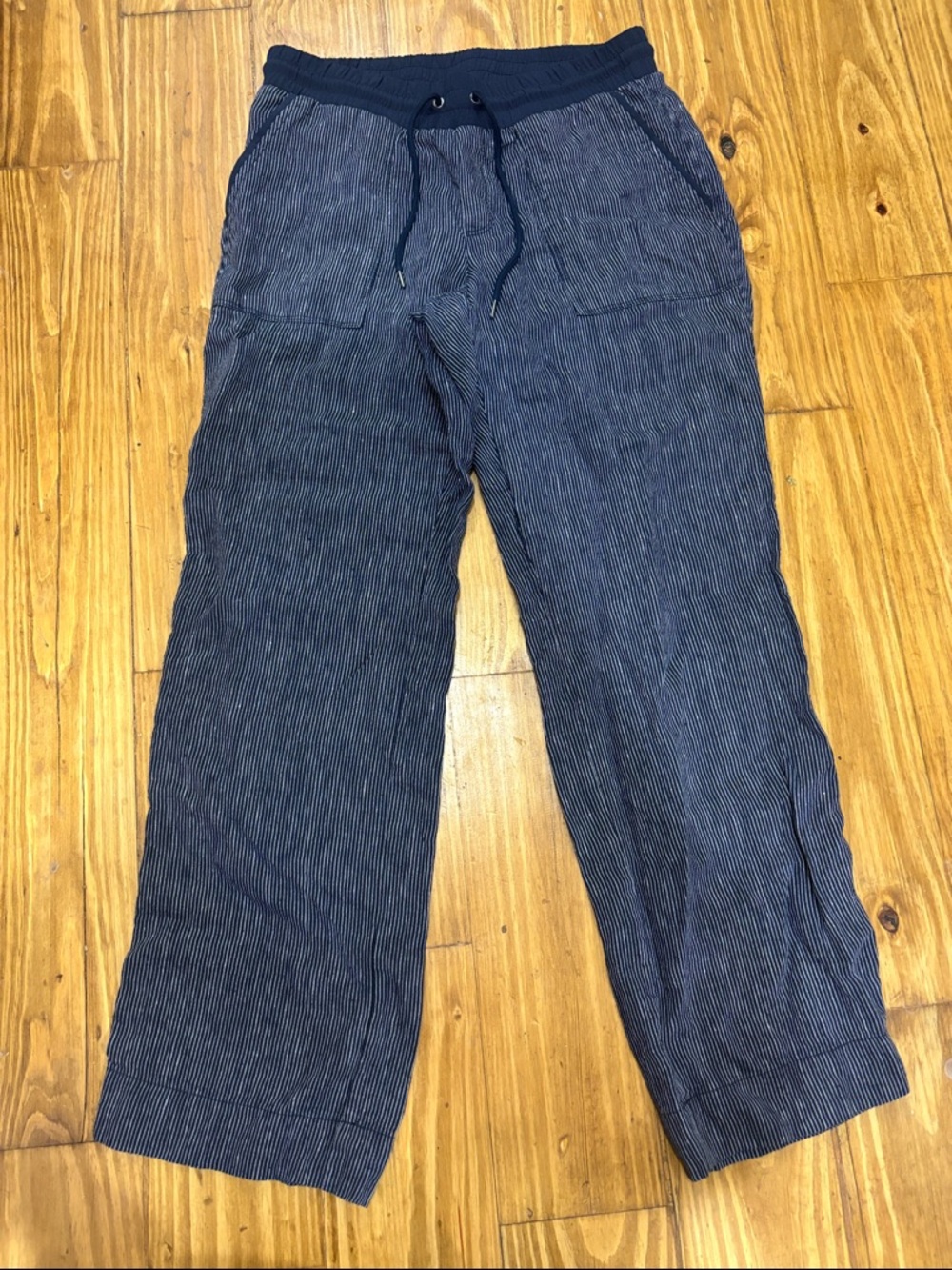 Athleta Size 10 Women’s 100% Linen Pants, Blue & White Stripe w/Drawstring Waist